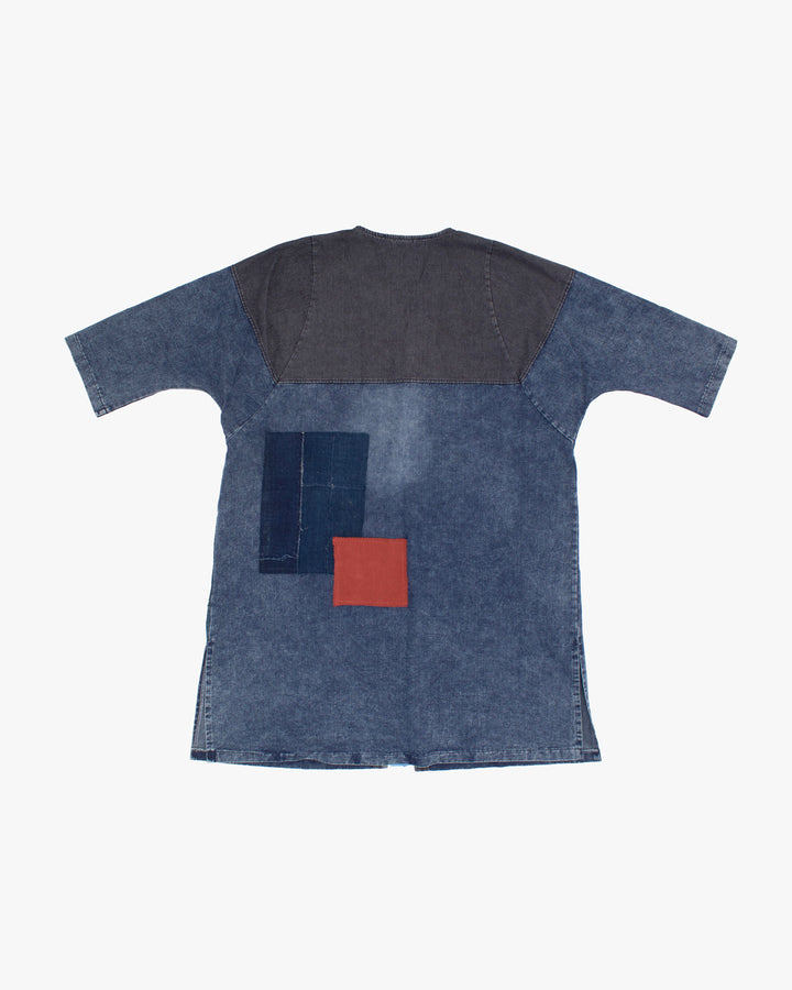 Kiriko Custom, Long Robe, Faded Indigo and Charcoal Denim, Patched with Boro and Sashi-Ori - A
