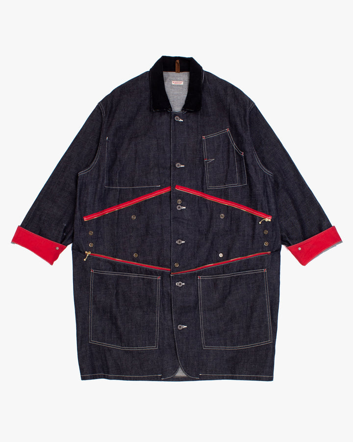 Japanese Repro Denim Chore Coat, S, Kapital, Dark Wash with Zipper and Red Accents