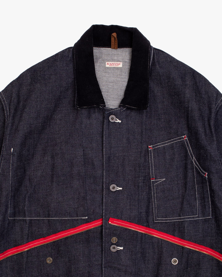 Japanese Repro Denim Chore Coat, S, Kapital, Dark Wash with Zipper and Red Accents