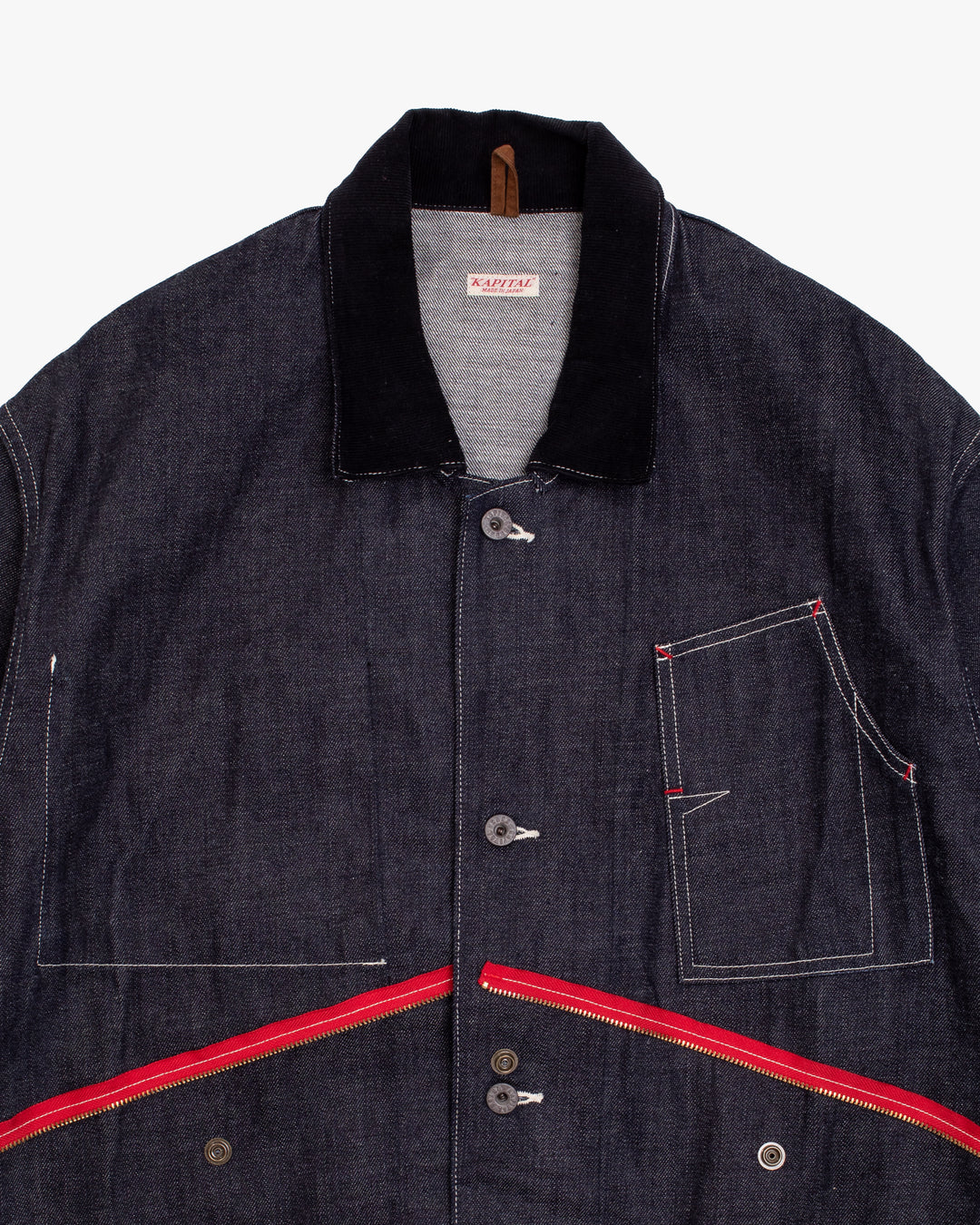 Japanese Repro Denim Chore Coat, S, Kapital, Dark Wash with Zipper and Red Accents