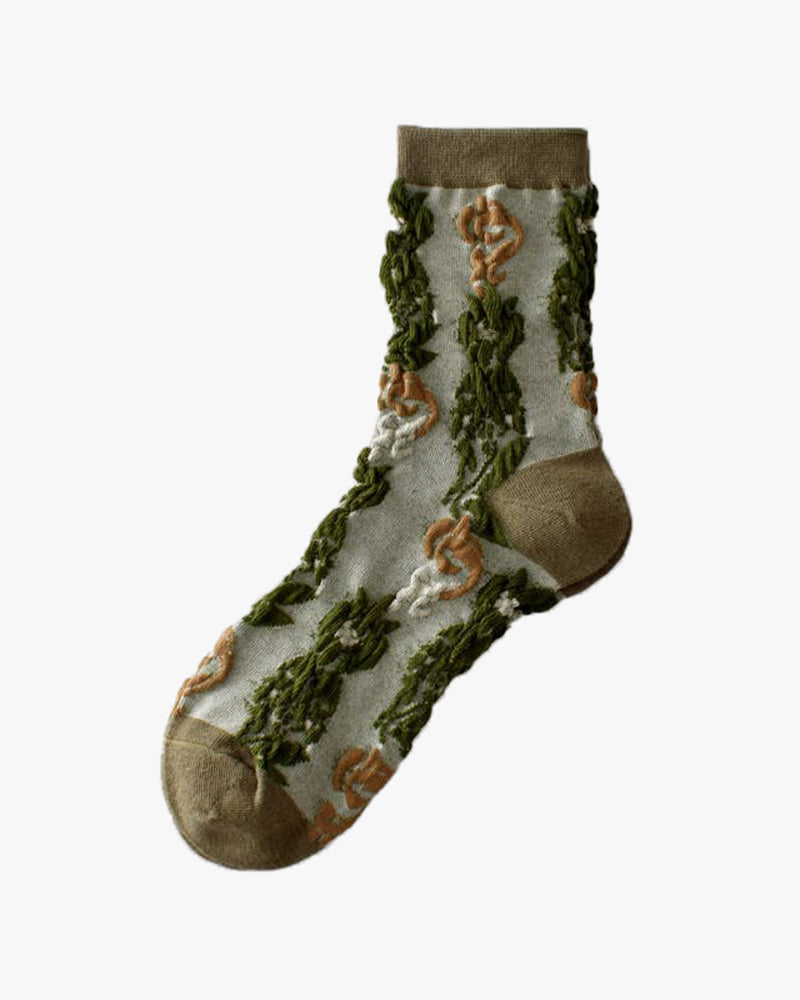 Tourtiwi, Retro Embossed Plants and Flowers, Crew Socks