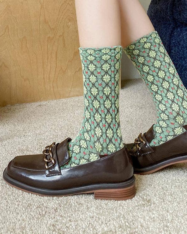Tourtiwi, Women's Retro Embossed Plaid Floral Pattern Socks