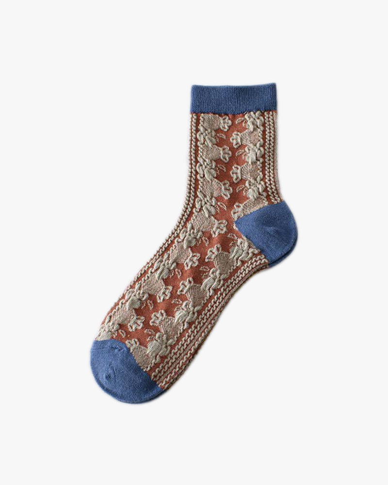 Tourtiwi, Retro Embossed Floral, Crew Socks