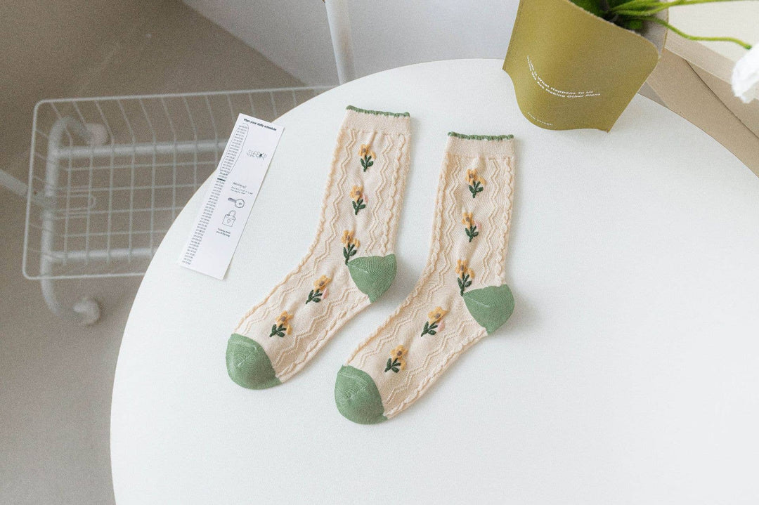 Tourtiwi, Crew Socks, Whimsical Green Floral Bunny