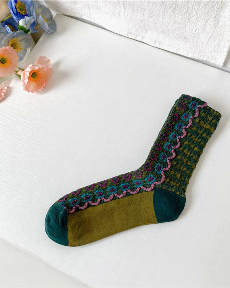 Tourtiwi, Retro Floral Wavy Pattern, Mid-Calf Socks