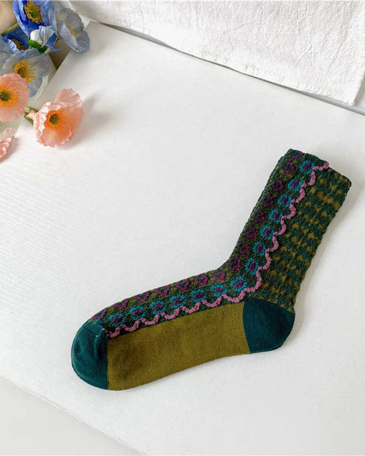 Tourtiwi, Retro Floral Wavy Pattern, Mid-Calf Socks