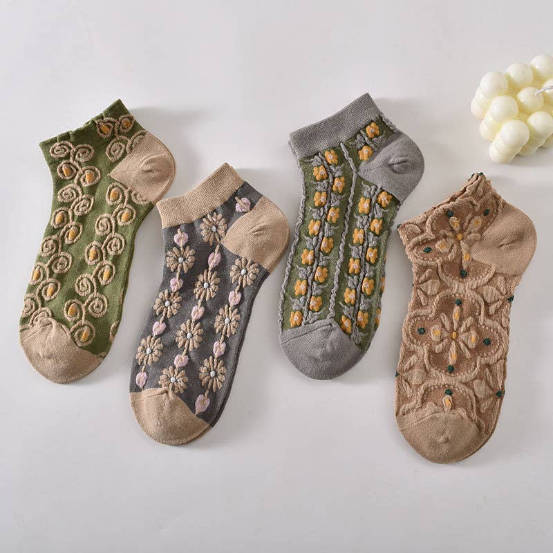 Tourtiwi, Ankle Socks, Embossed Retro Floral