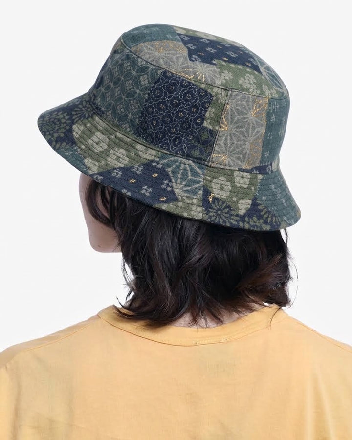 Kiriko Original Bucket Hat, Reversible Sage and Gold Multi Patchwork with Black and Lime Tiger Camo