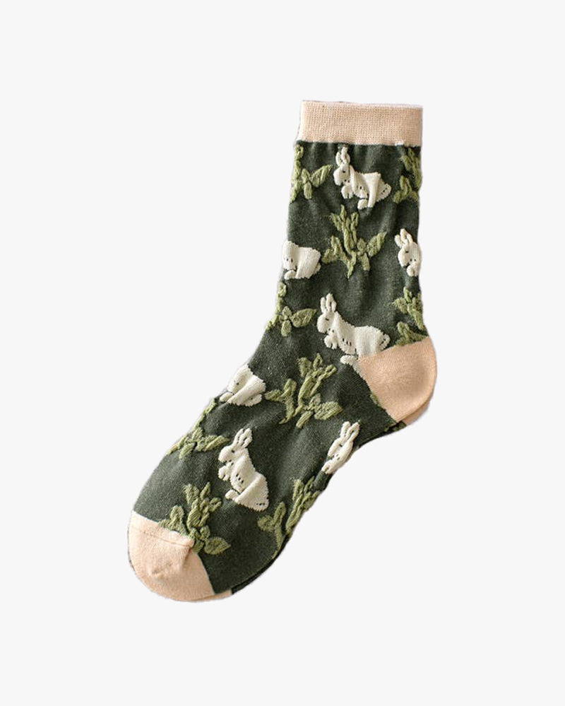 Tourtiwi, Retro Embossed Plants and Flowers, Crew Socks