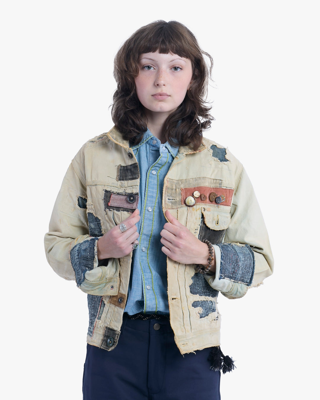 Japanese Repro Denim Jacket, L, Kapital, Off-White with Distressed Details