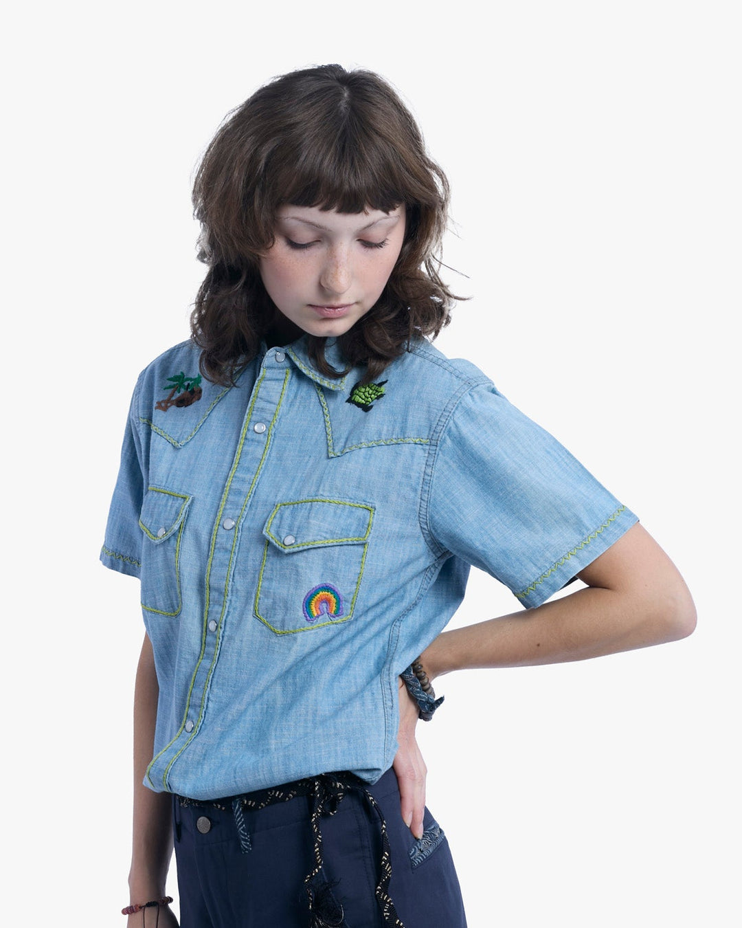 Japanese Repro Short-Sleeve Shirt, M, Five Brother, Chambray with Embroidery Details