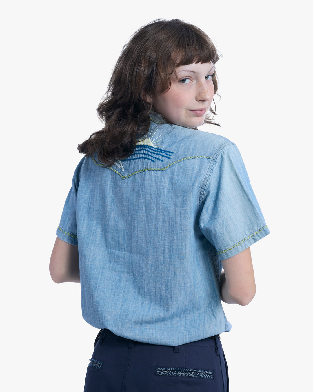 Japanese Repro Short-Sleeve Shirt, M, Five Brother, Chambray with Embroidery Details