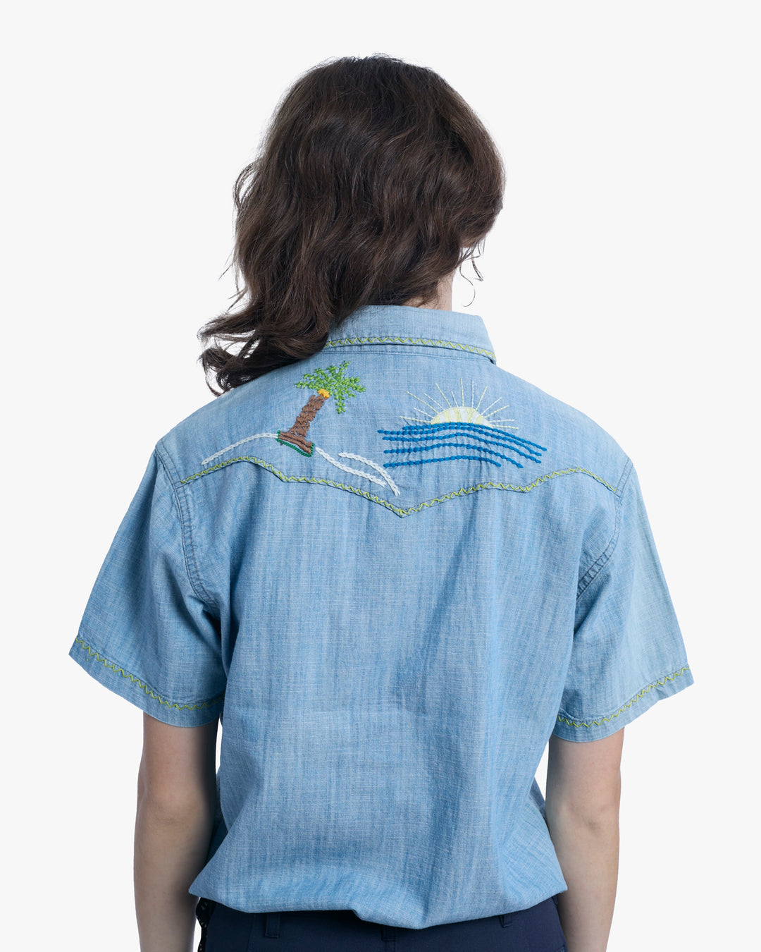 Japanese Repro Short-Sleeve Shirt, M, Five Brother, Chambray with Embroidery Details