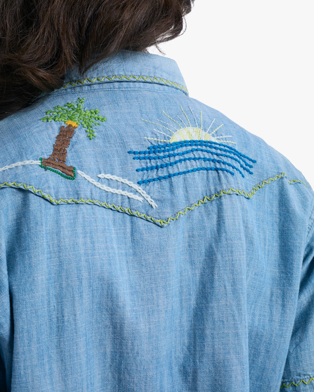 Japanese Repro Short-Sleeve Shirt, M, Five Brother, Chambray with Embroidery Details