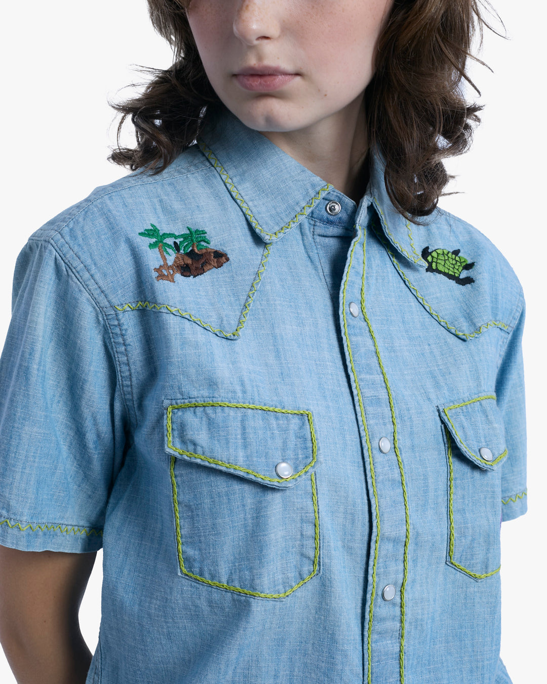 Japanese Repro Short-Sleeve Shirt, M, Five Brother, Chambray with Embroidery Details