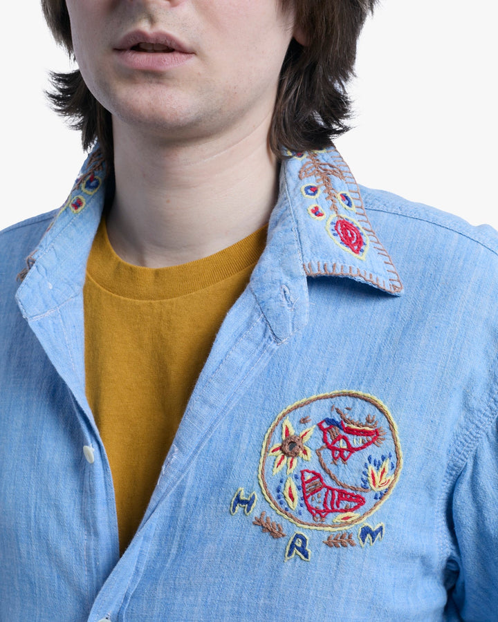 Japanese Repro Long-Sleeve Shirt, L, Hollywood Ranch Market, Blue with Embroidery Details