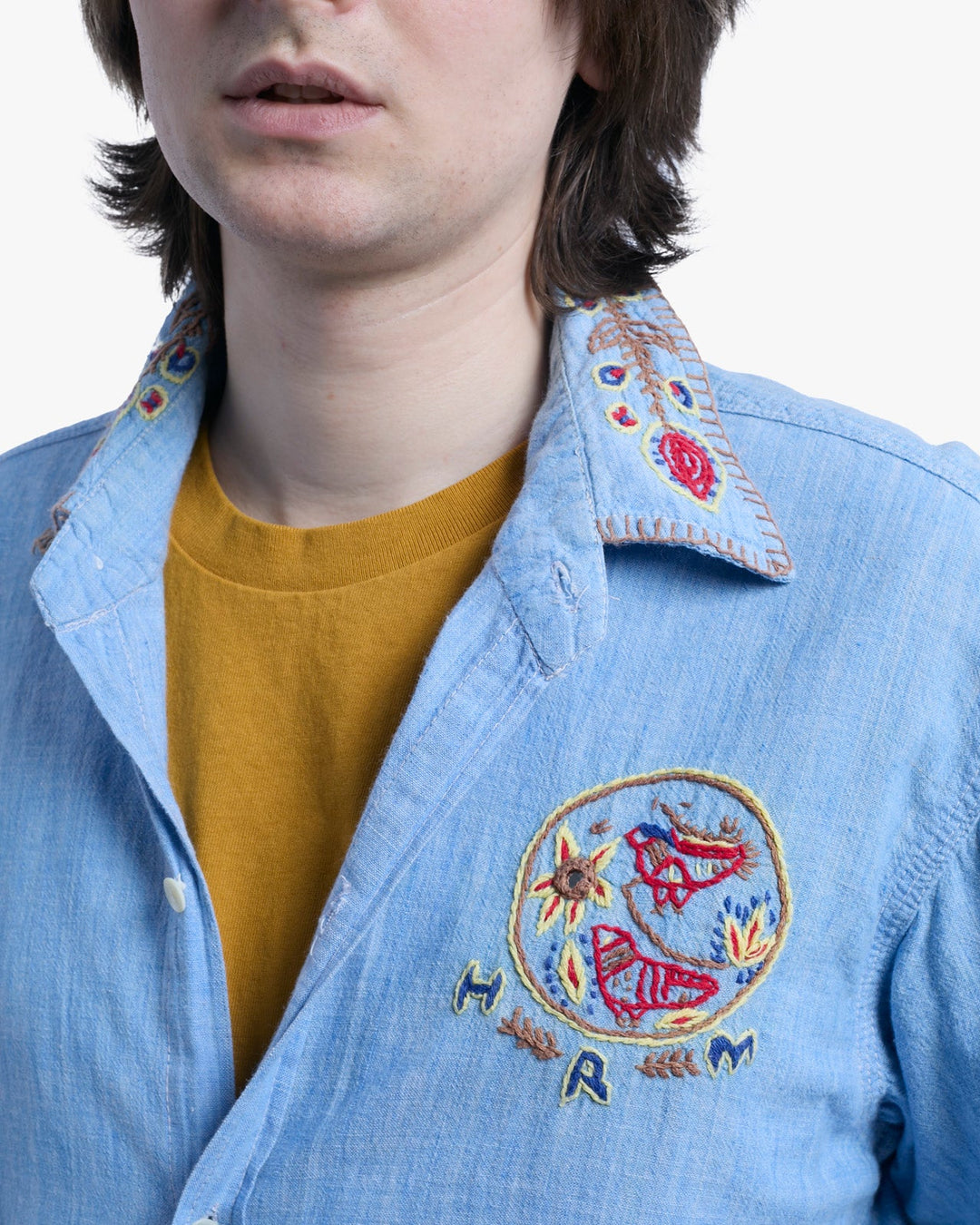 Japanese Repro Long-Sleeve Shirt, L, Hollywood Ranch Market, Blue with Embroidery Details