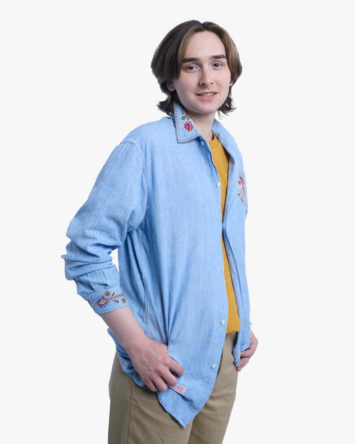 Japanese Repro Long-Sleeve Shirt, L, Hollywood Ranch Market, Blue with Embroidery Details