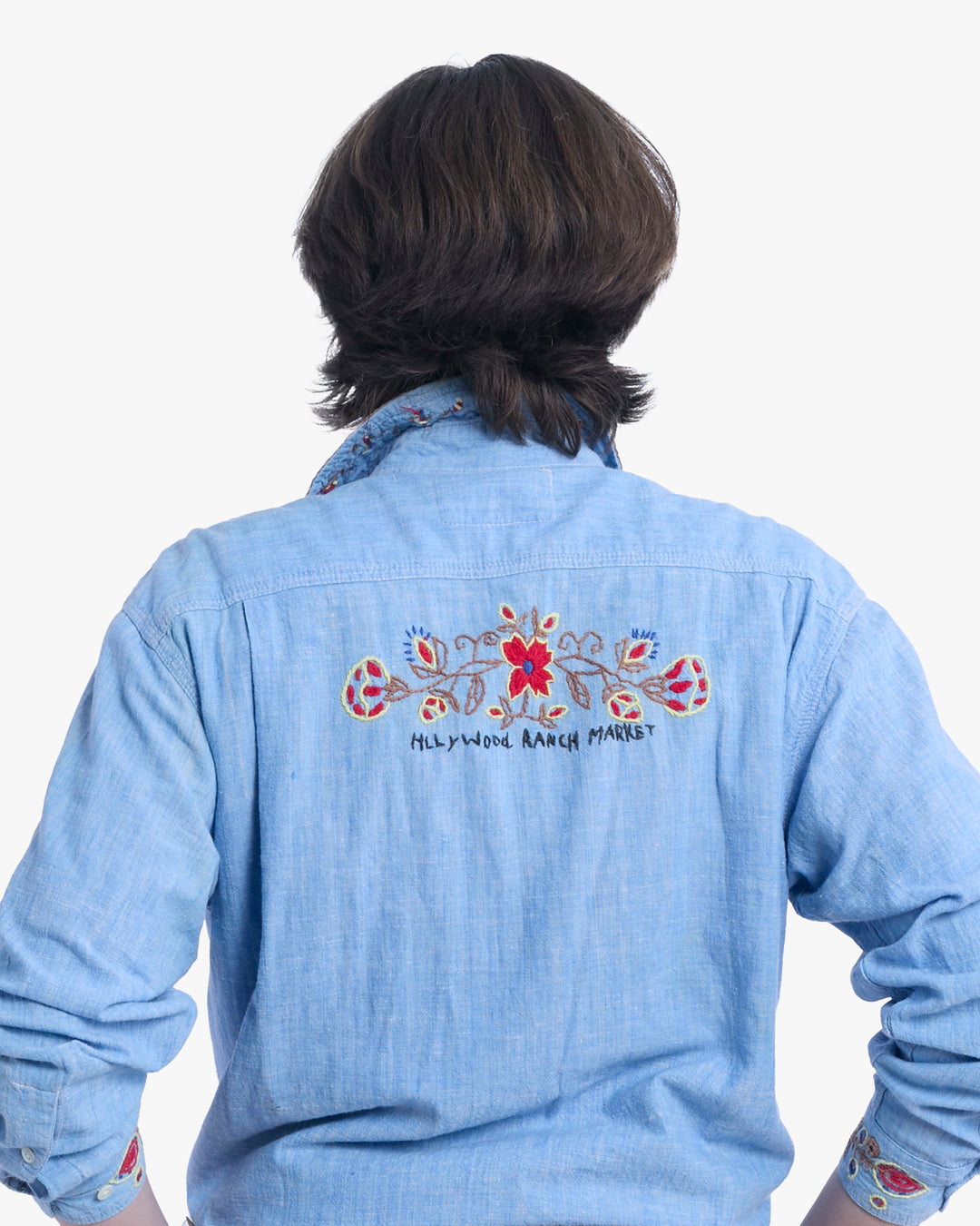 Japanese Repro Long-Sleeve Shirt, L, Hollywood Ranch Market, Blue with Embroidery Details