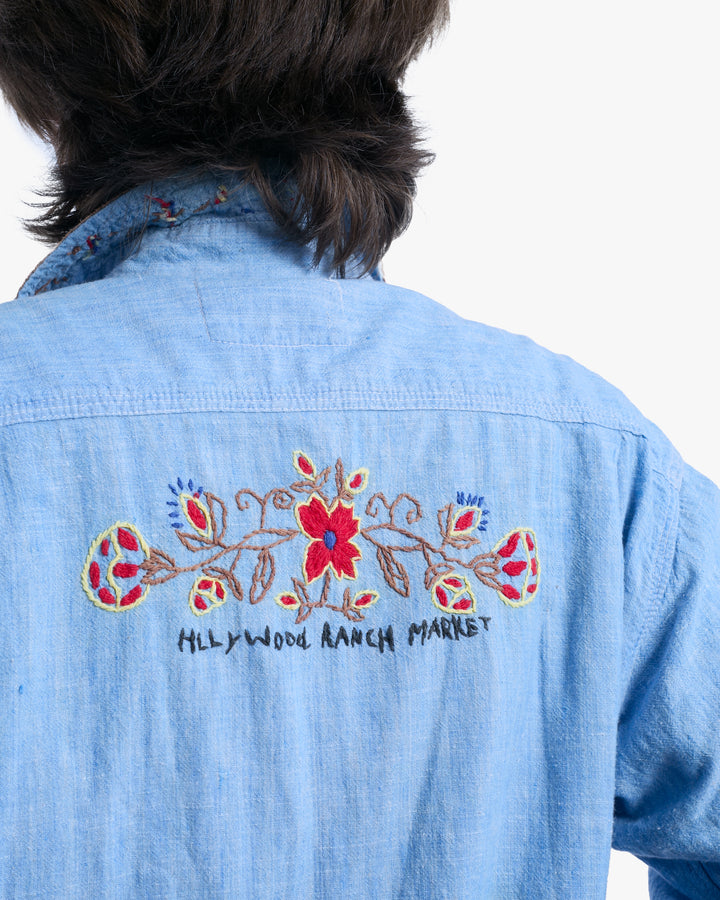 Japanese Repro Long-Sleeve Shirt, L, Hollywood Ranch Market, Blue with Embroidery Details