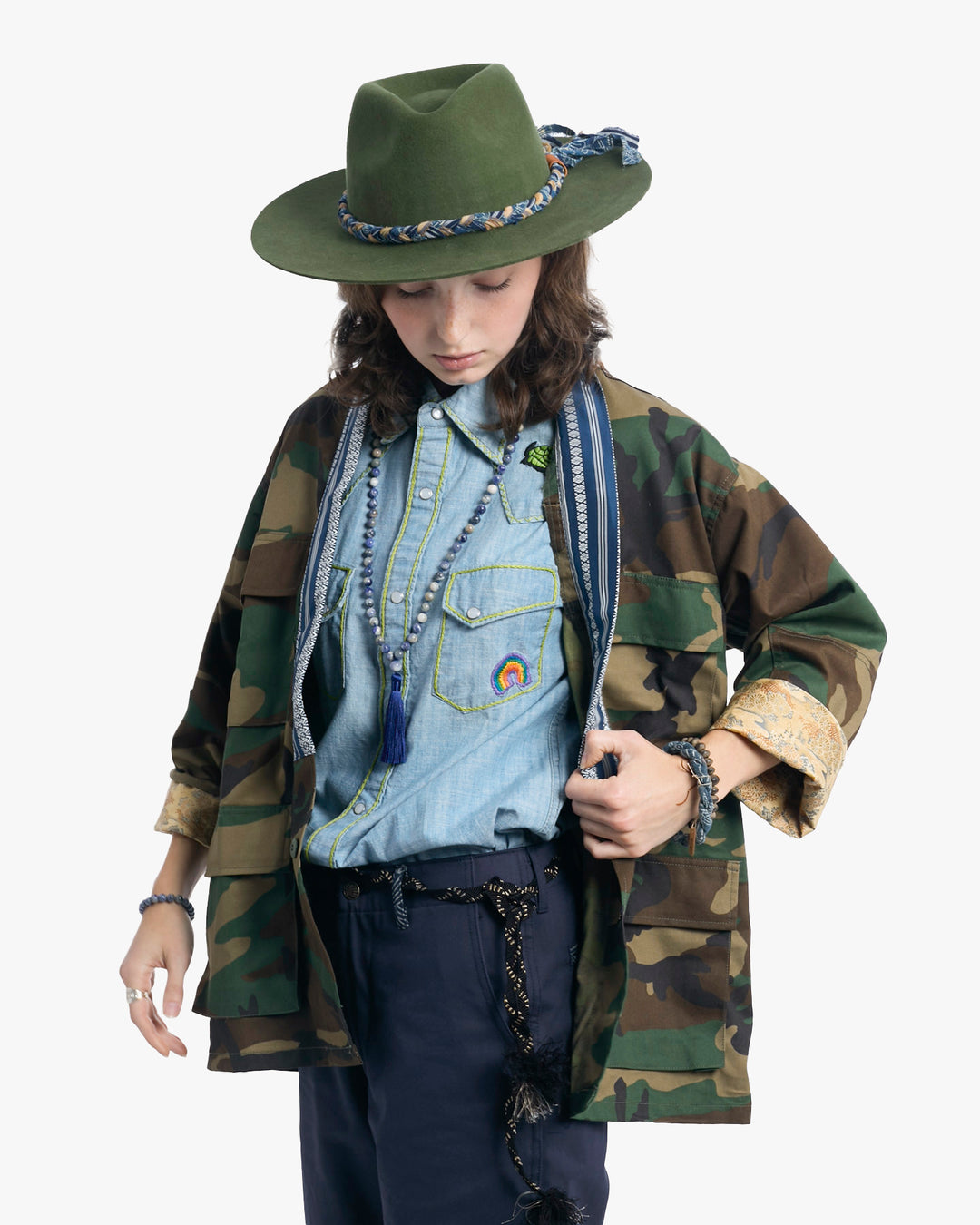 Kiriko Custom Hat, Green Felt, Braided Katazome, Indigo and Brown