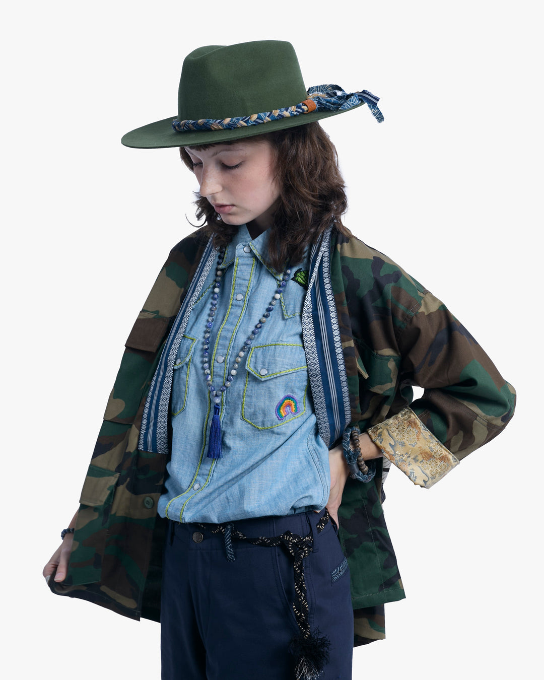 Kiriko Custom Military Jacket, Camo Patched, Blue Trim