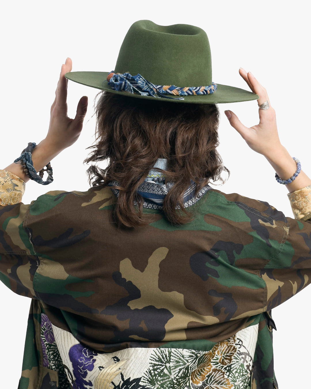 Kiriko Custom Hat, Green Felt, Braided Katazome, Indigo and Brown