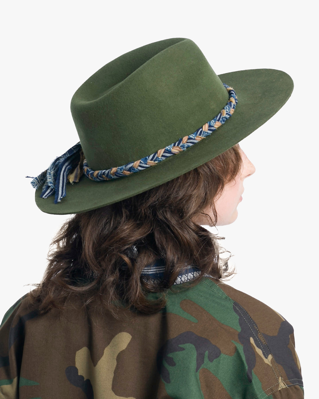 Kiriko Custom Hat, Green Felt, Braided Katazome, Indigo and Brown