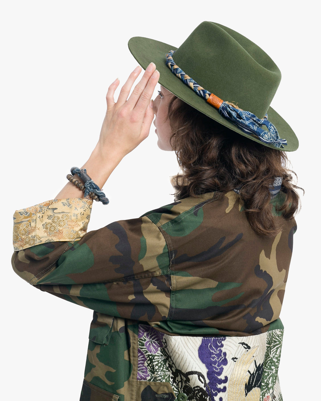 Kiriko Custom Hat, Green Felt, Braided Katazome, Indigo and Brown