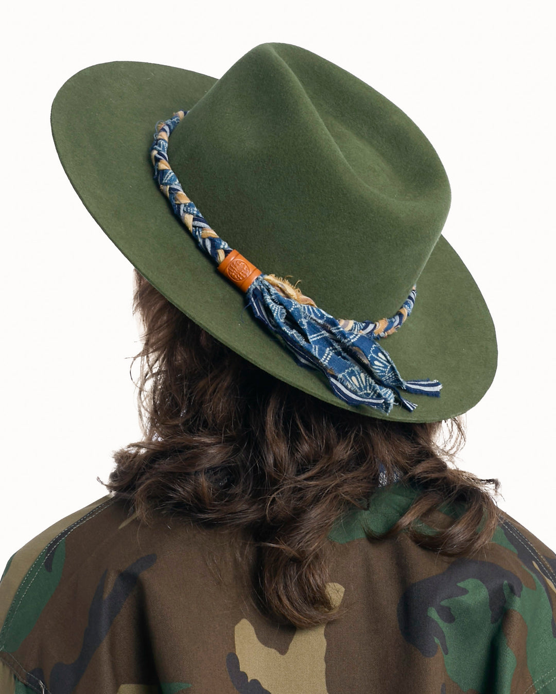 Kiriko Custom Hat, Green Felt, Braided Katazome, Indigo and Brown