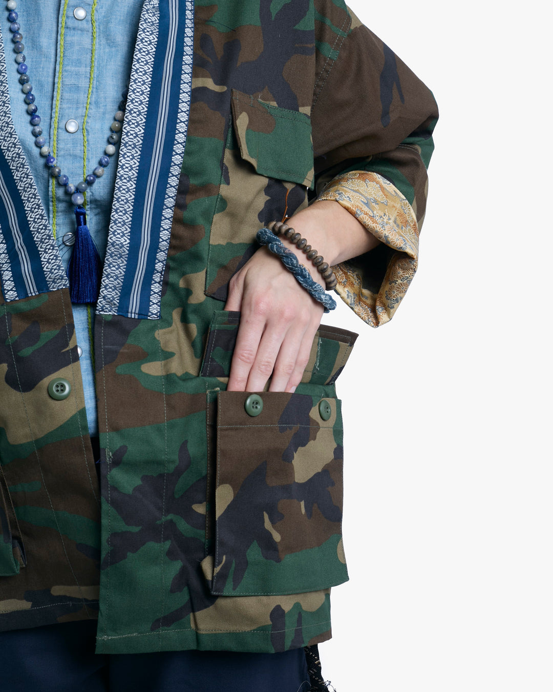 Kiriko Custom Military Jacket, Camo Patched, Blue Trim