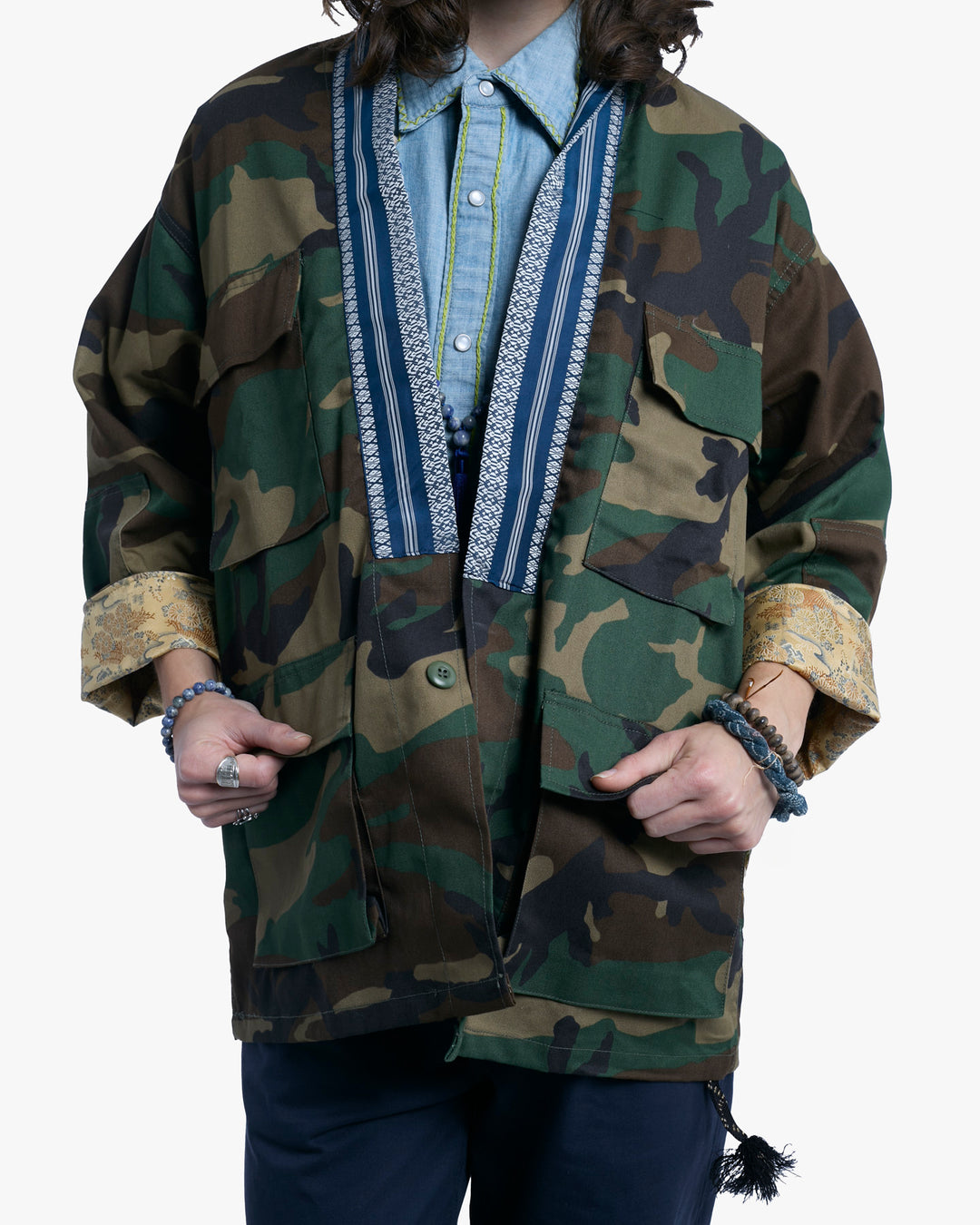 Kiriko Custom Military Jacket, Camo Patched, Blue Trim