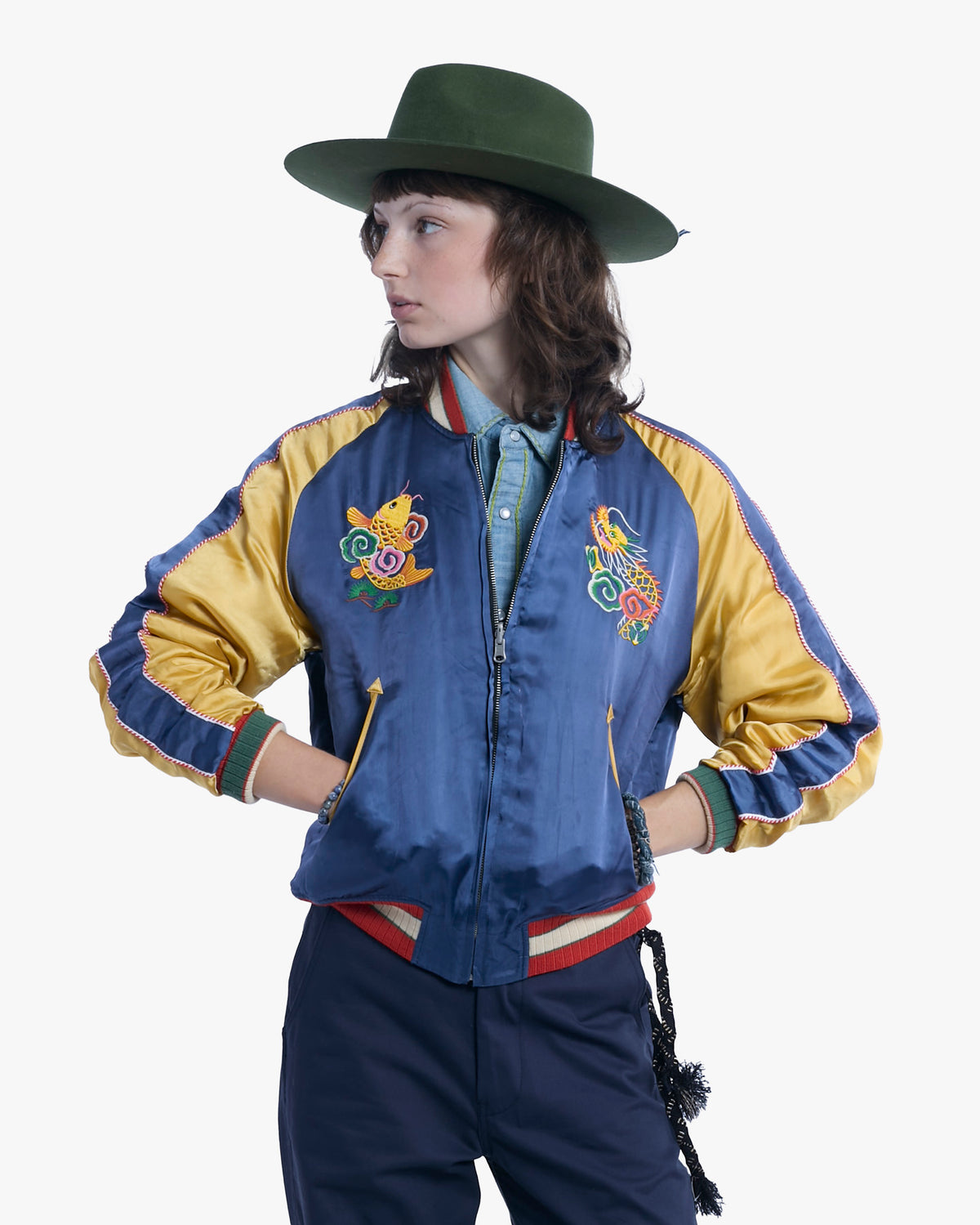 Japanese Repro Reversible Souvenir Jacket, L, Pherrow's, Blue and Gold with Dragon