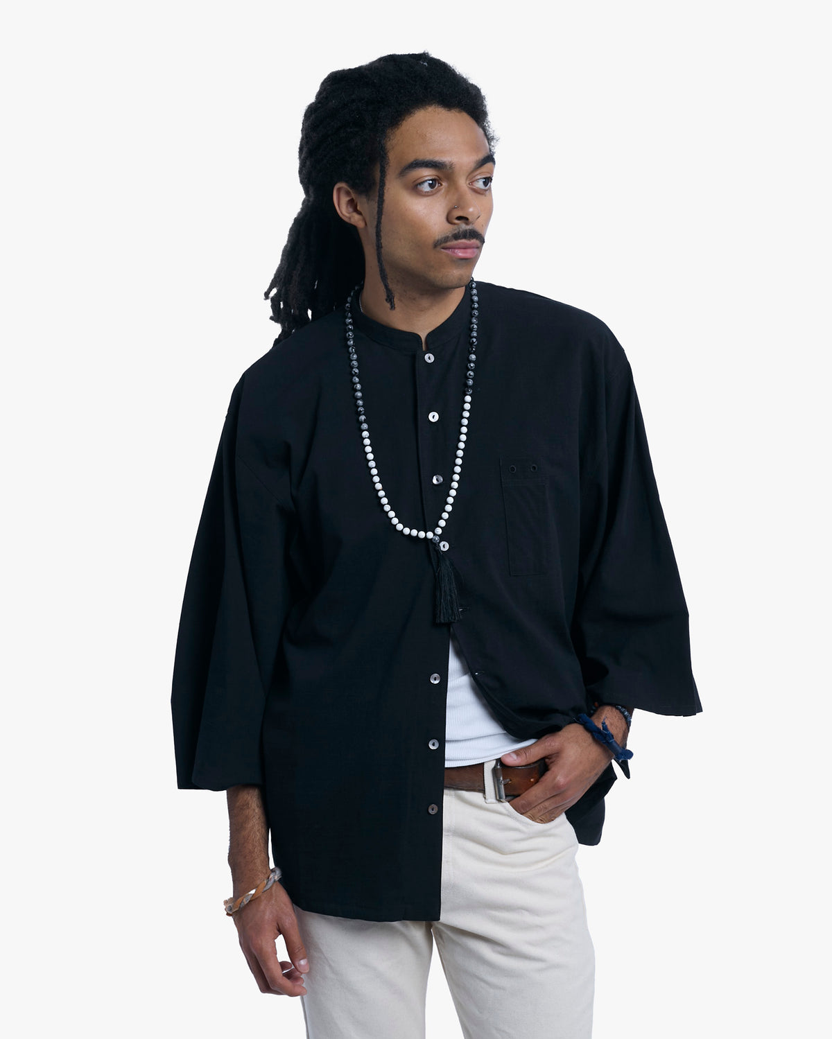 Wa-Modern, Long Sleeve Button Up Tunic, Embroidered, Black