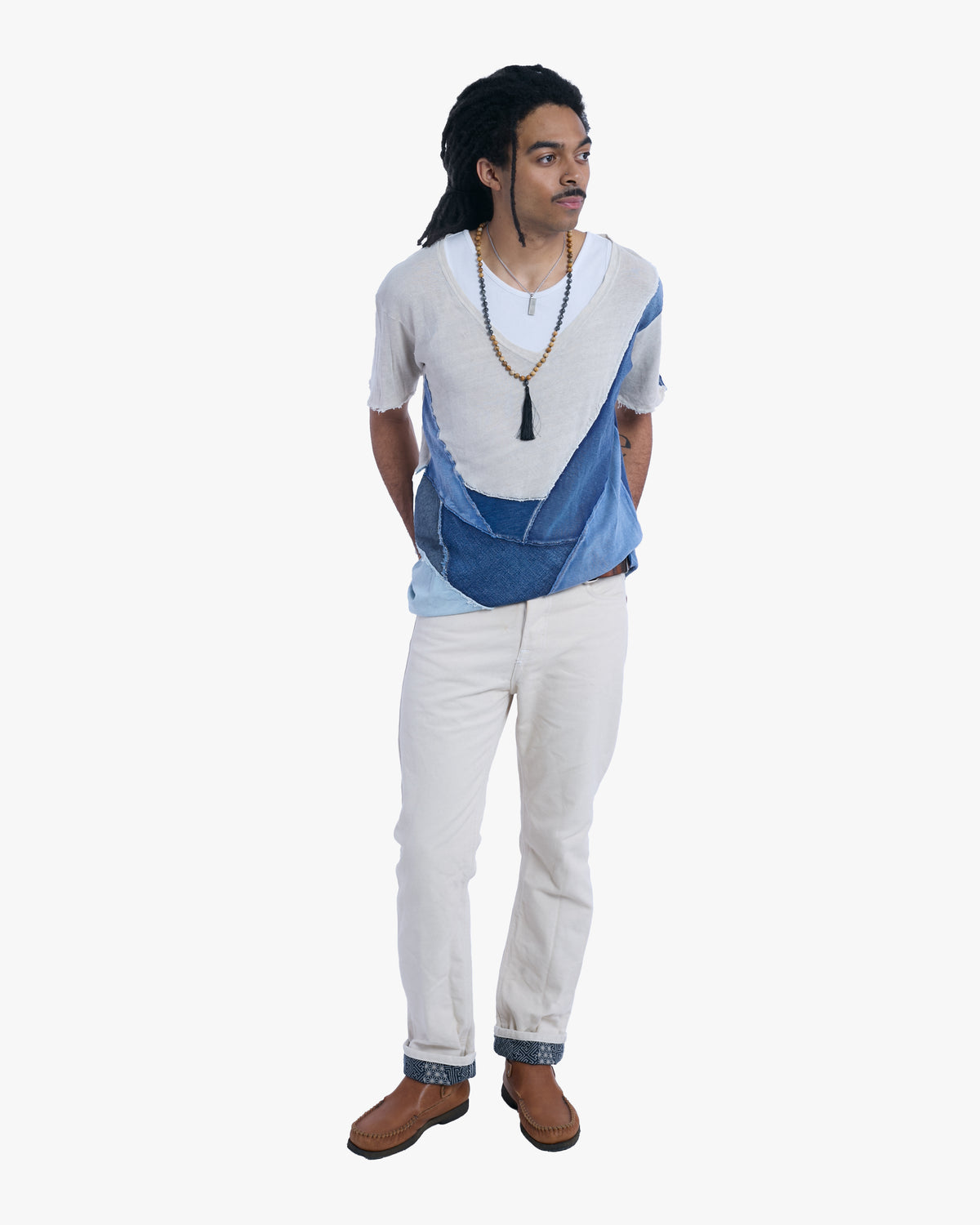 Japanese Repro Short Sleeve Shirt, Kapital, L, White with Blue Patch