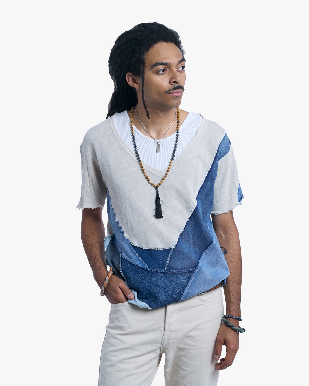 Japanese Repro Short Sleeve Shirt, Kapital, L, White with Blue Patch