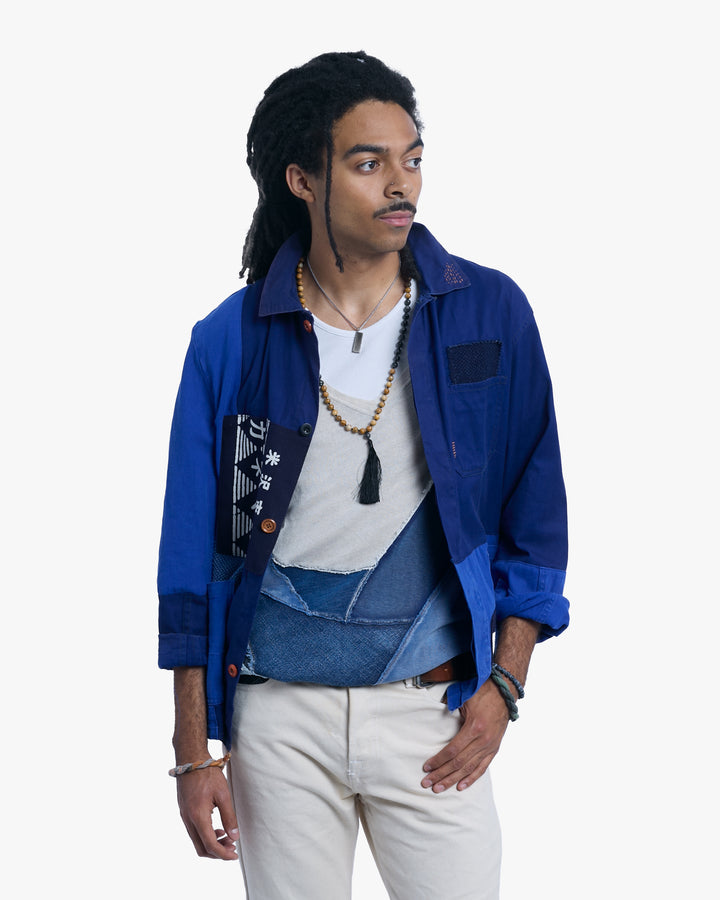 Japanese Repro Short Sleeve Shirt, Kapital, L, White with Blue Patch