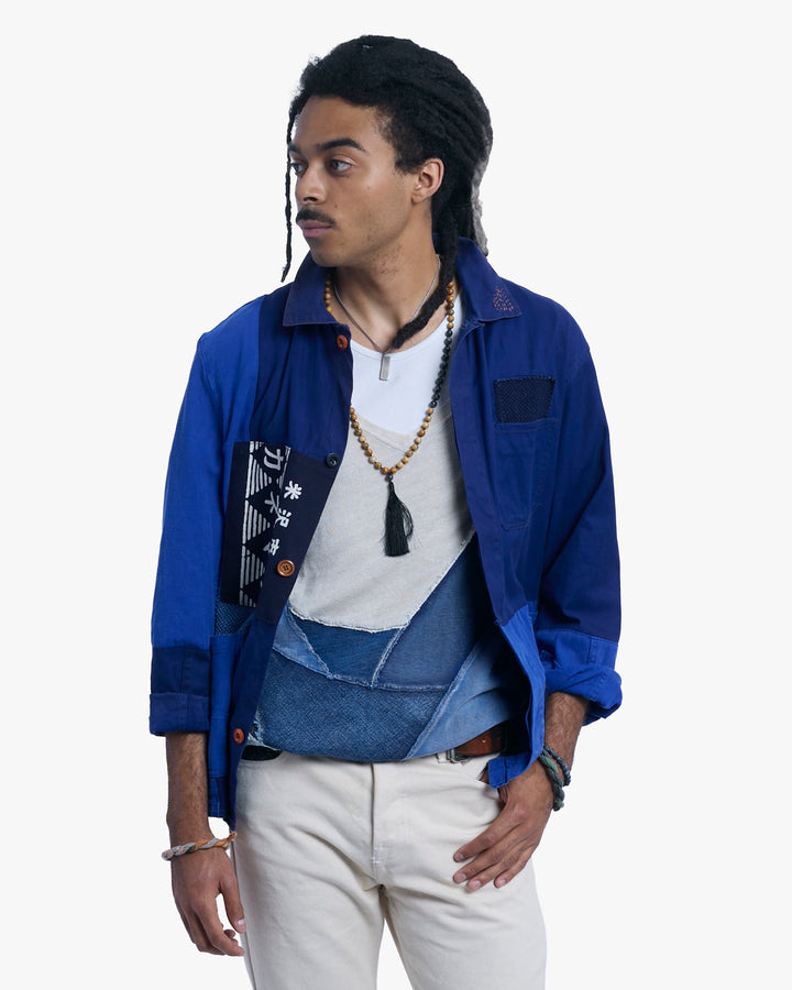 Kiriko Custom, One of a Kind Patched French Workman Jacket, Blue Patched Apron Fabric - 3