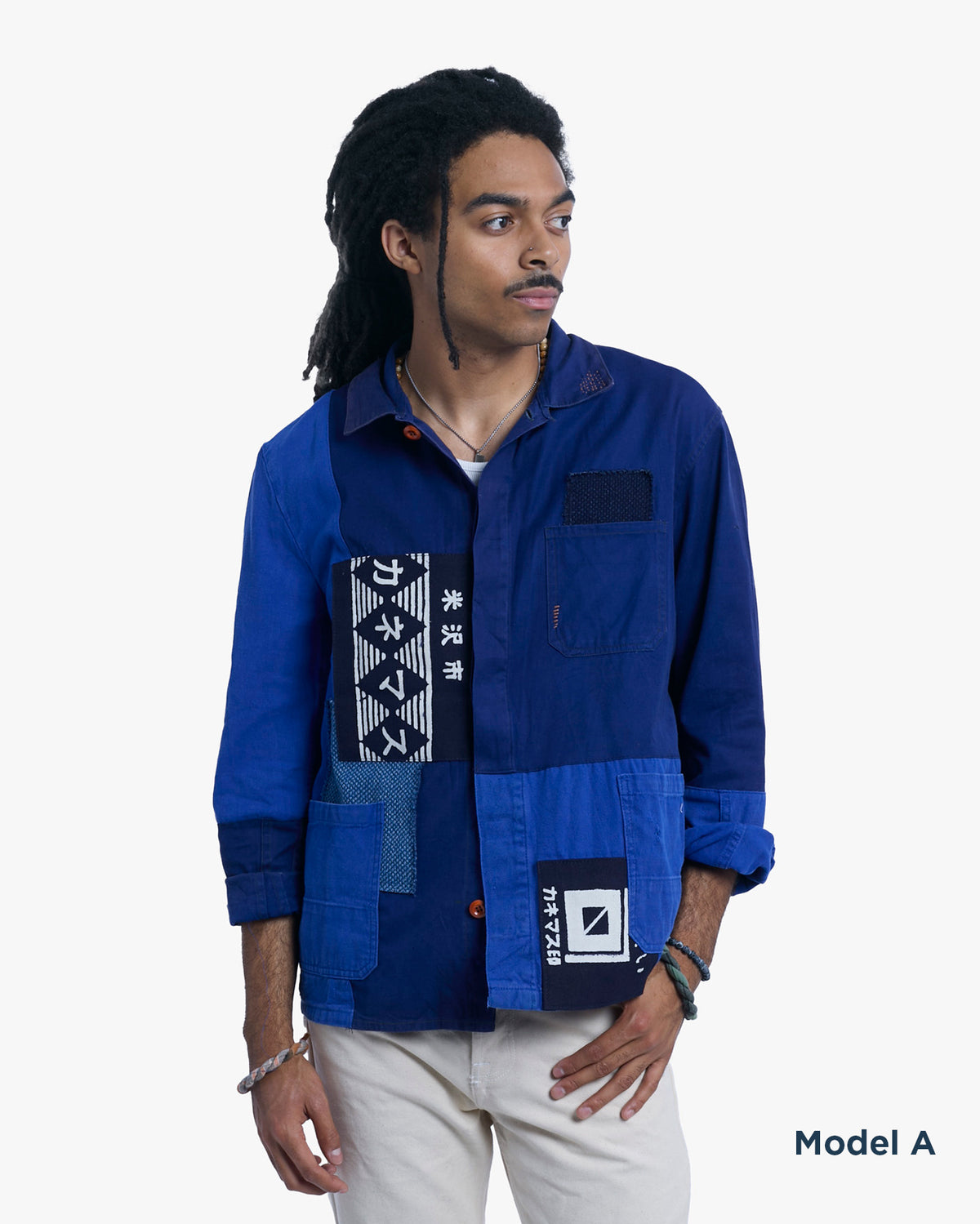 Kiriko Custom, One of a Kind Patched French Workman Jacket, Blue Patched Apron Fabric - 3