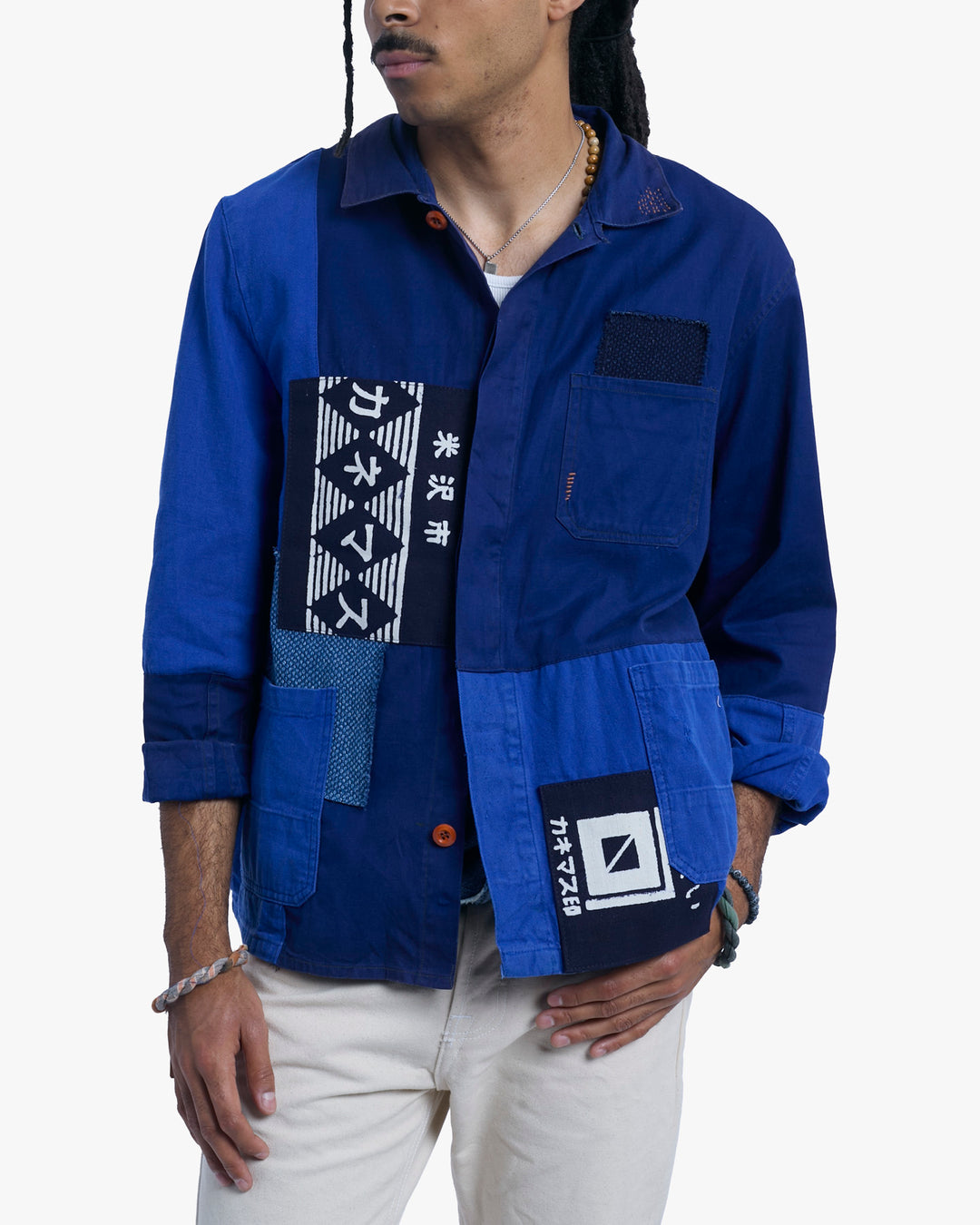 Kiriko Custom, One of a Kind Patched French Workman Jacket, Blue Patched Apron Fabric - 3