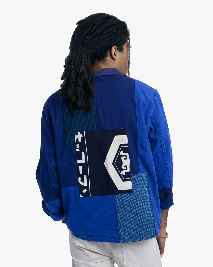 Kiriko Custom, One of a Kind Patched French Workman Jacket, Blue Patched Apron Fabric - 3