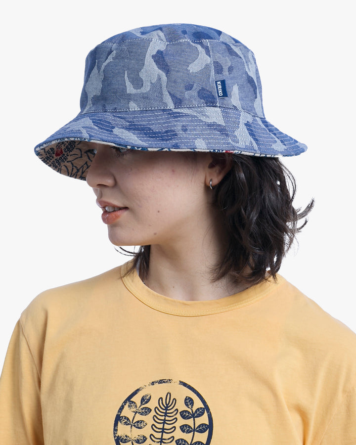 Kiriko Original Bucket Hat, Reversible Cream Tsubaki and Blue Camouflage Chambray