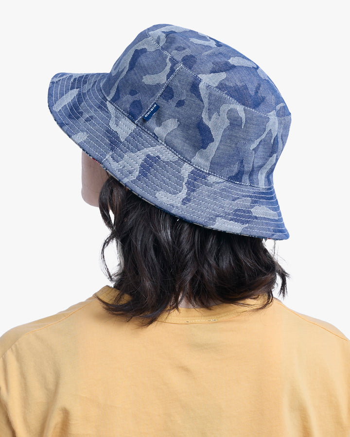 Kiriko Original Bucket Hat, Reversible Cream Tsubaki and Blue Camouflage Chambray