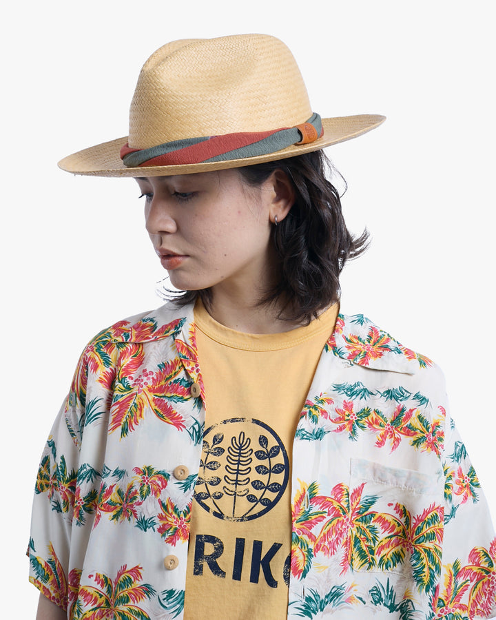 Kiriko Custom Panama Hat, Straw, Twisted Silk Kimono, Orange and Sage Gray
