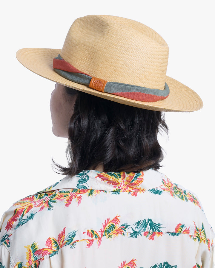 Kiriko Custom Panama Hat, Straw, Twisted Silk Kimono, Orange and Sage Gray