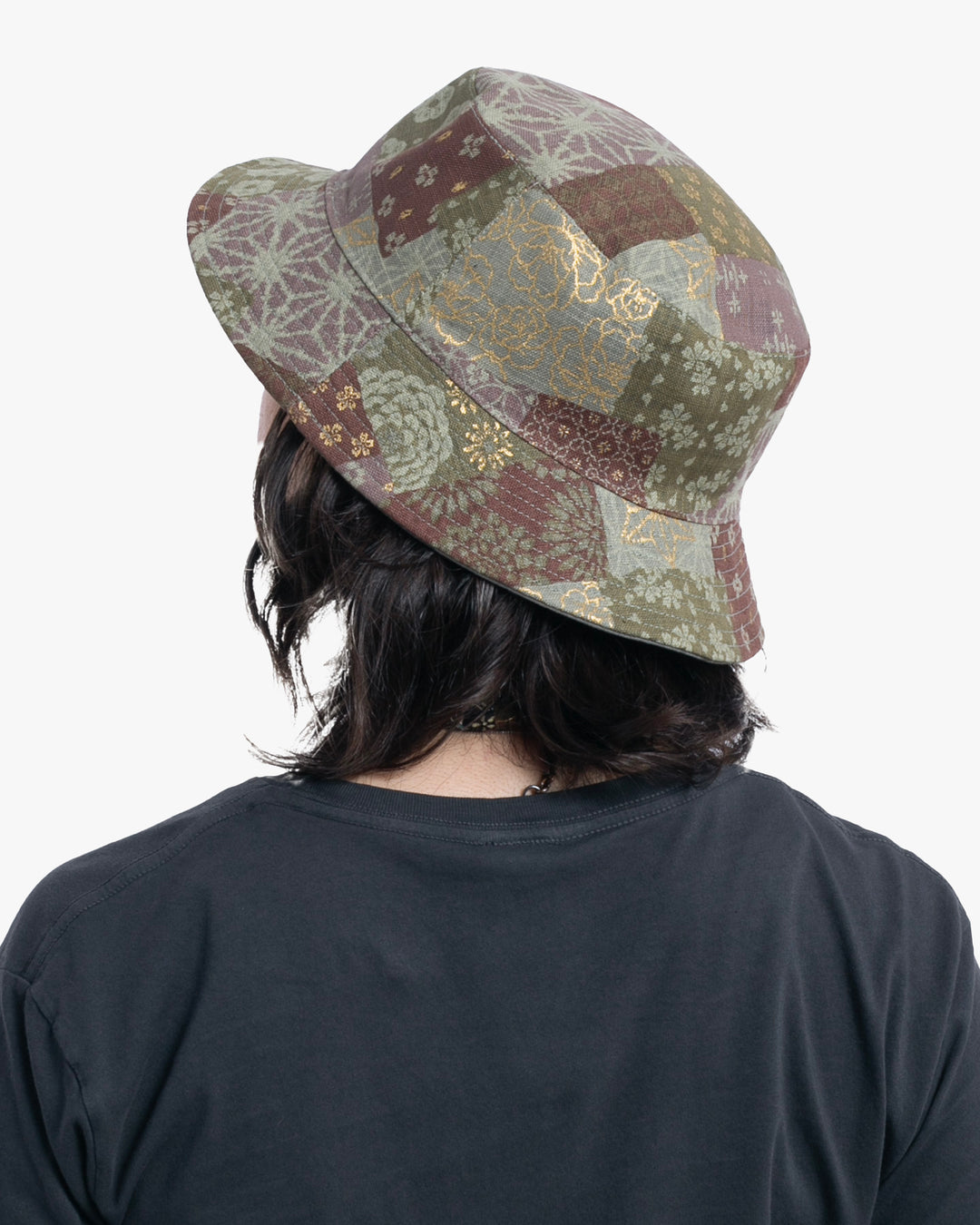 Kiriko Original Bucket Hat, Reversible Azuki and Gold Multi Patchwork with Khaki and Faded Green Camo