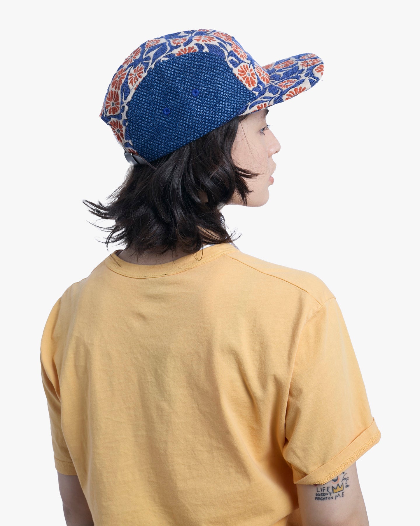 Kiriko Original Cap, 5-Panel, Two Tone, Orange Chrysanthemum French Jacquard with Washed Indigo Sashi-Ori