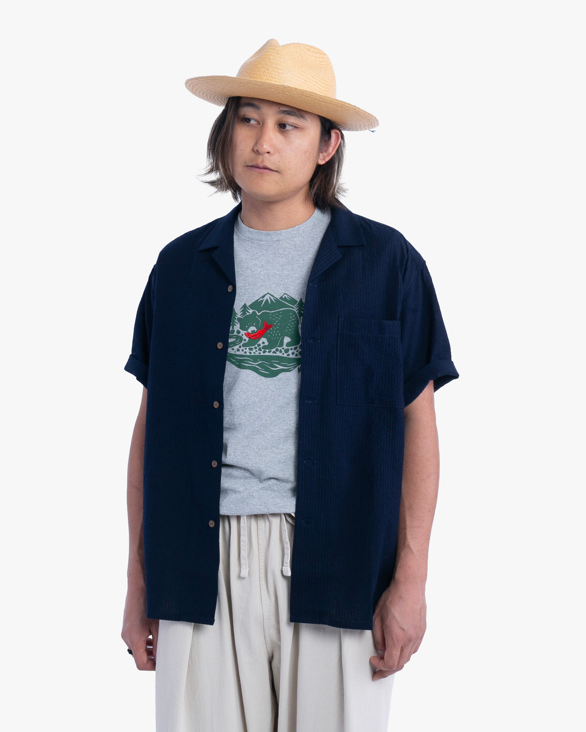 ToK Shirt, Short Sleeve Button-Up, Open Collar, Chijimi Weave Indigo Shima
