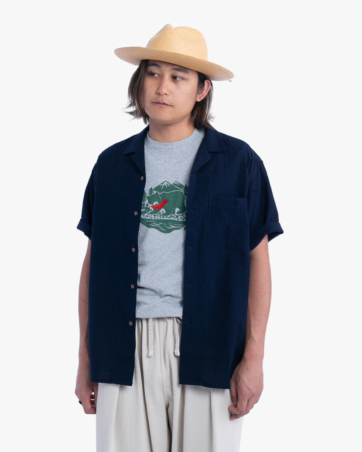 ToK Shirt, Short Sleeve Button-Up, Open Collar, Chijimi Weave Indigo Shima