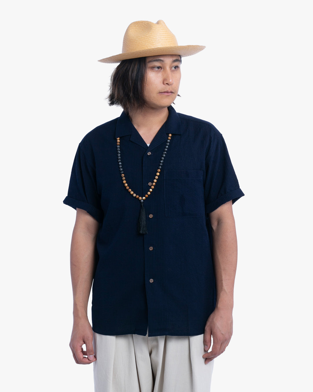 ToK Shirt, Short Sleeve Button-Up, Open Collar, Chijimi Weave Indigo Shima